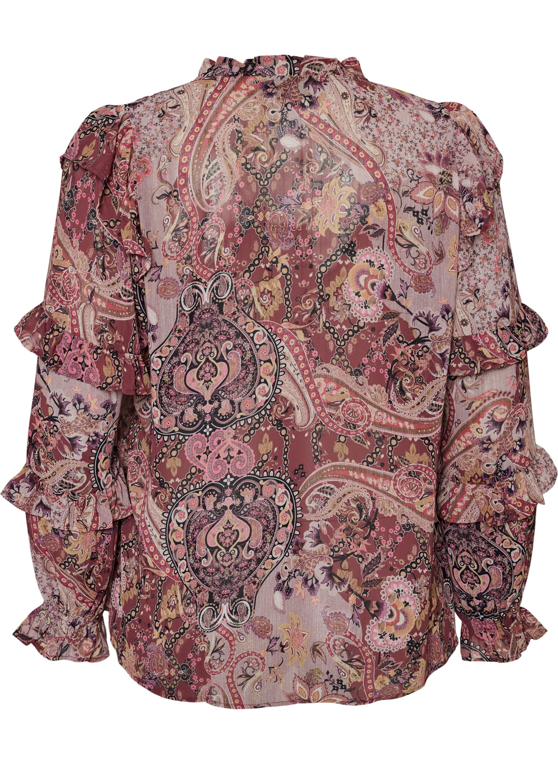 ZizzifashionBlouse with paisley print and ruffle details, Purple, Packshot image number 1