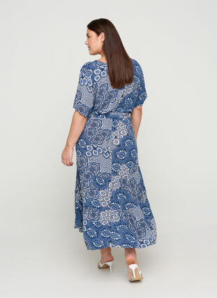 Short-sleeved midi dress in viscose, Asian Blue Print, Model image number 1