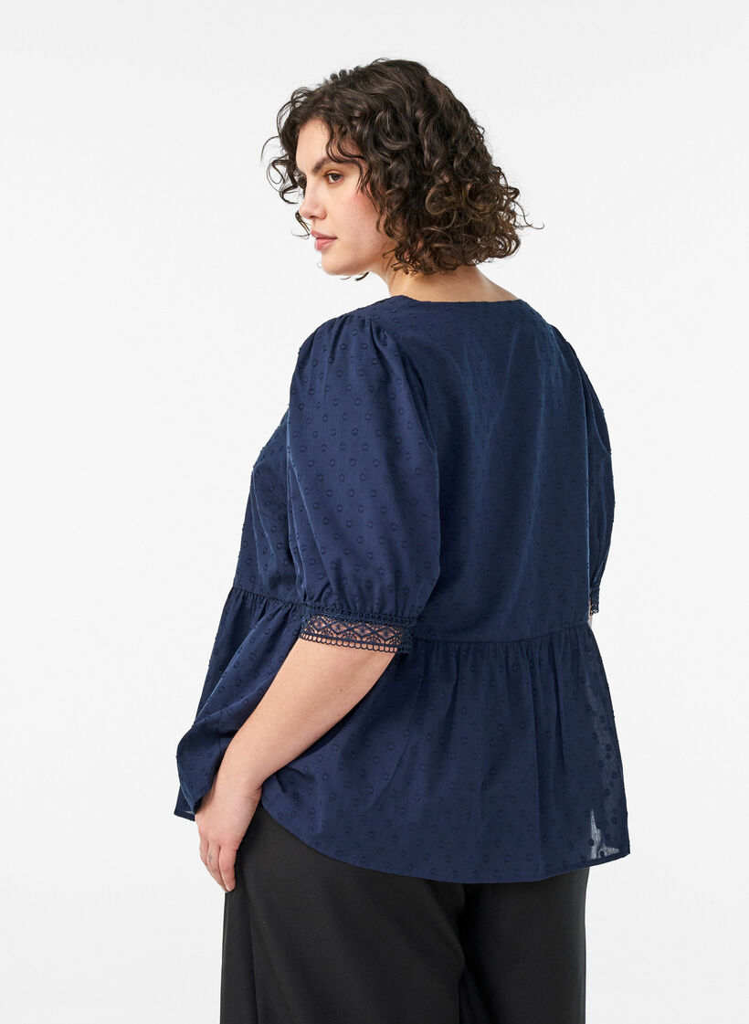 Blouse in textured cotton with crochet details, Blue, Model image number 2