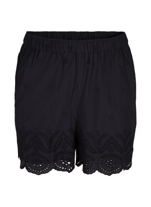 Cotton shorts with pockets and broderie anglaise, Black, Packshot image number 0