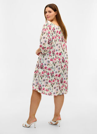 Floral viscose dress with 2/4-length sleeves, Bright White AOP, Model image number 1