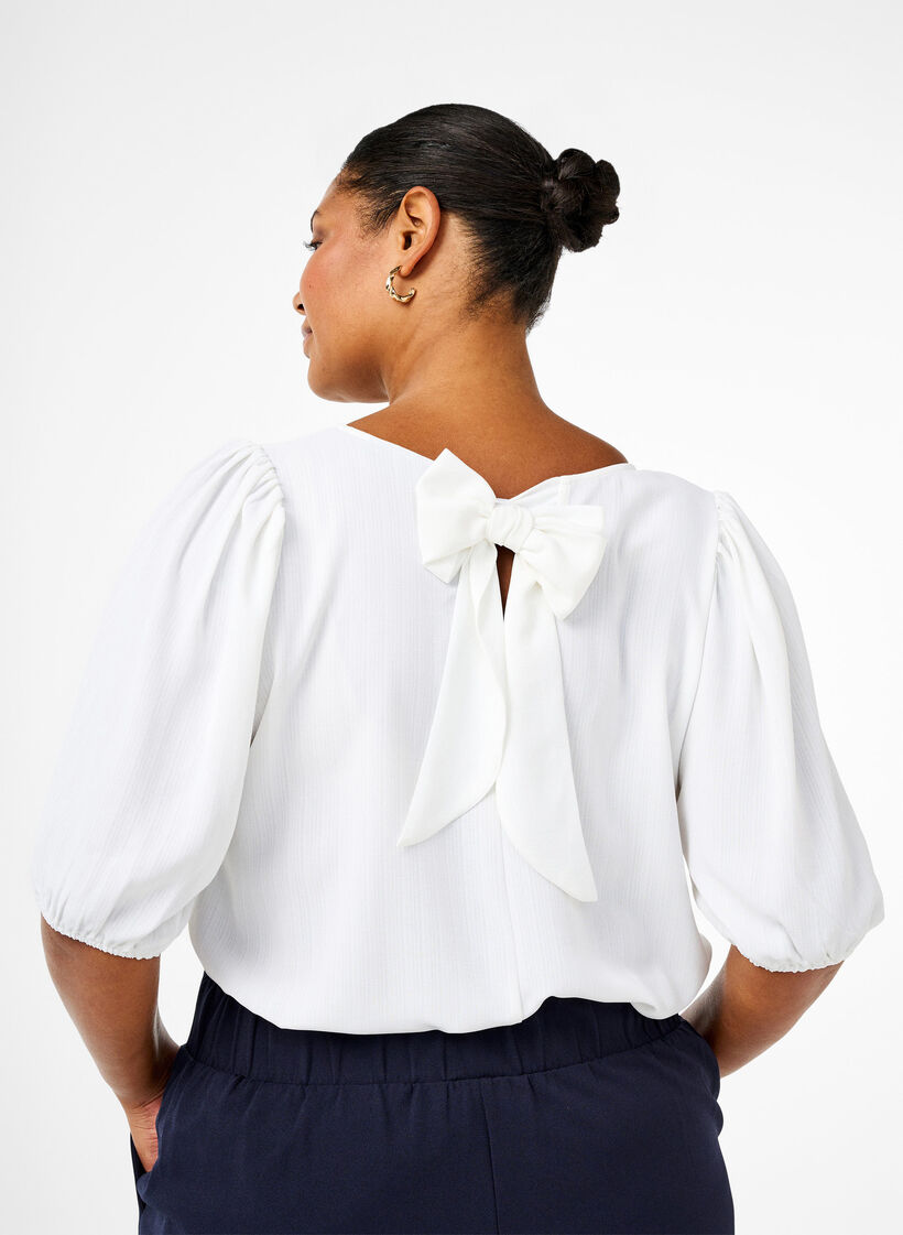 Short-sleeved blouse with a bow at the back, Bright White, Model image number 1
