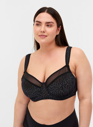 Bra  with print and mesh, Grey Leopard, Model image number 0