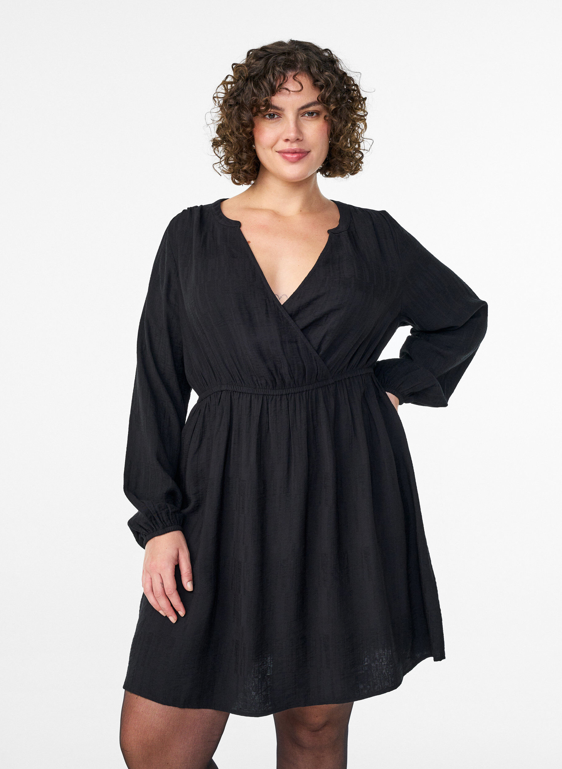 Short textured dress with wrap look, Black, Model