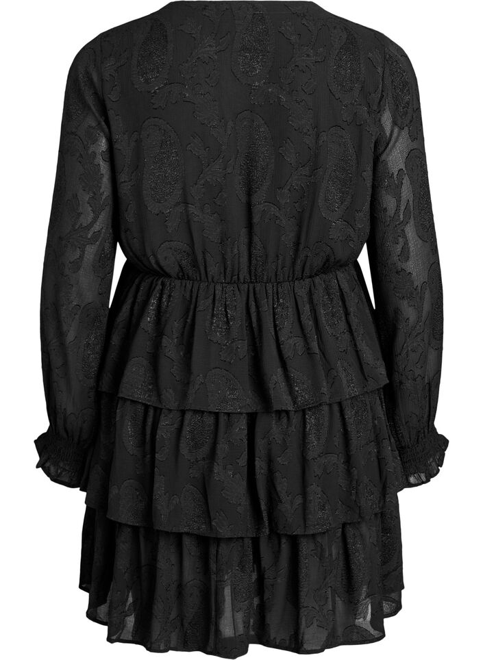 Short dress with ruffles and a textured pattern, Black, Packshot image number 1