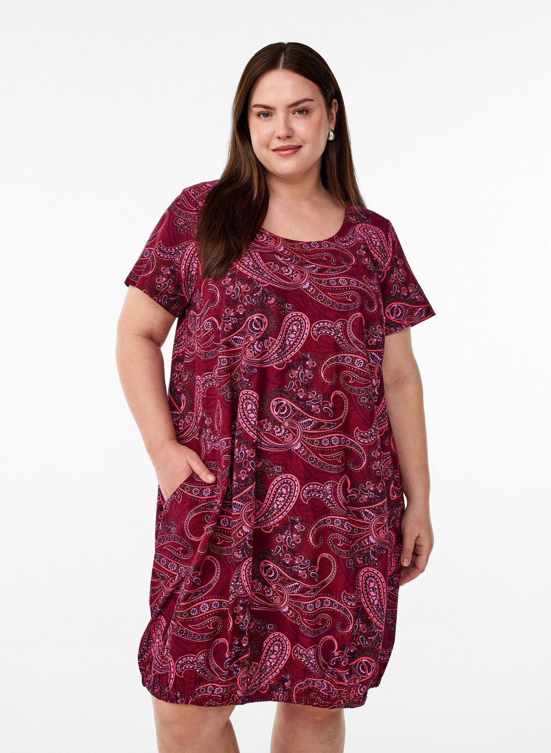 Zizzifashion Short-sleeved cotton dress with print, Red, Model image number 0