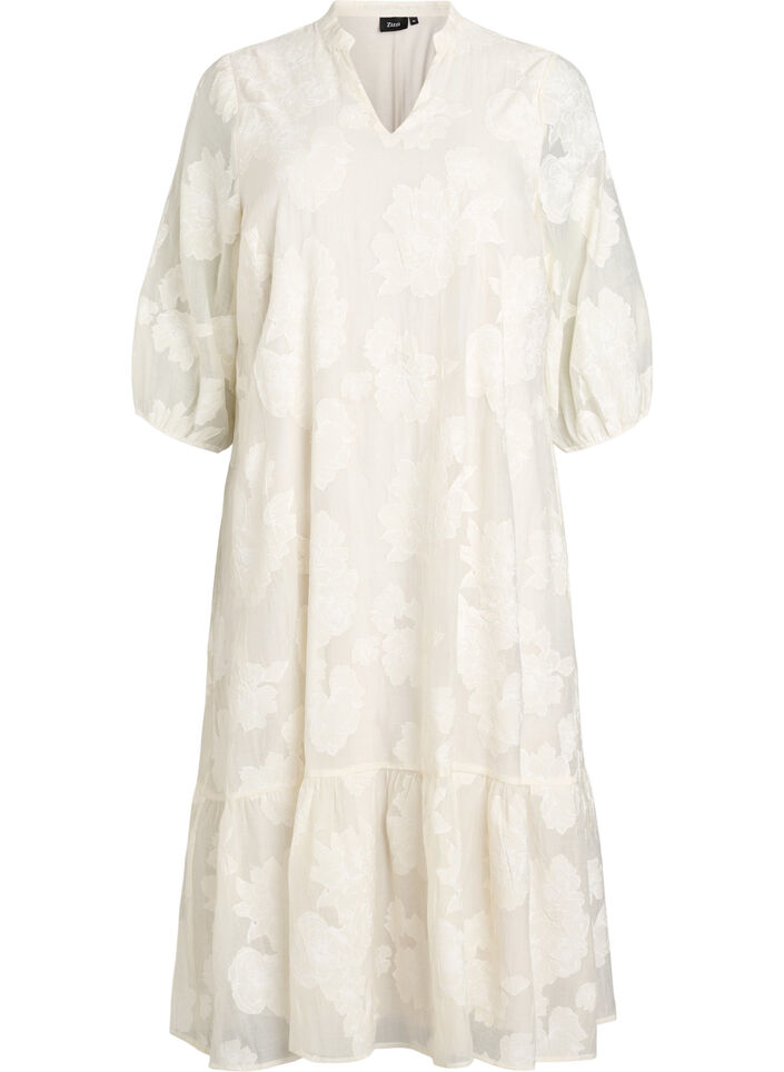 Midi dress with a floral print and sheer 3/4 sleeves, Beige, Packshot image number 0