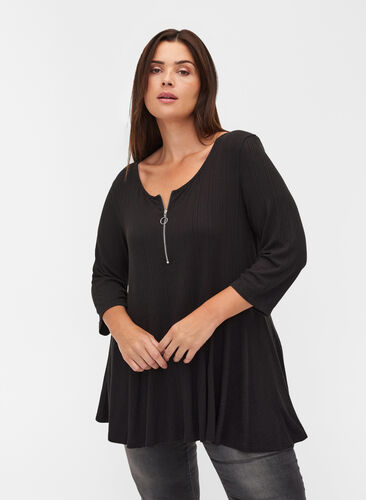 3/4-sleeved viscose blouse with zip, Black, Model image number 0