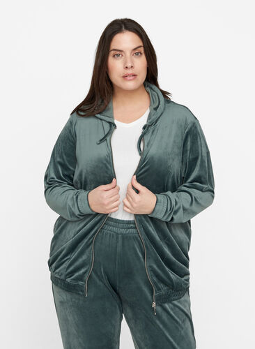 Velour cardigan with zip and hood, Balsam Green, Model image number 0