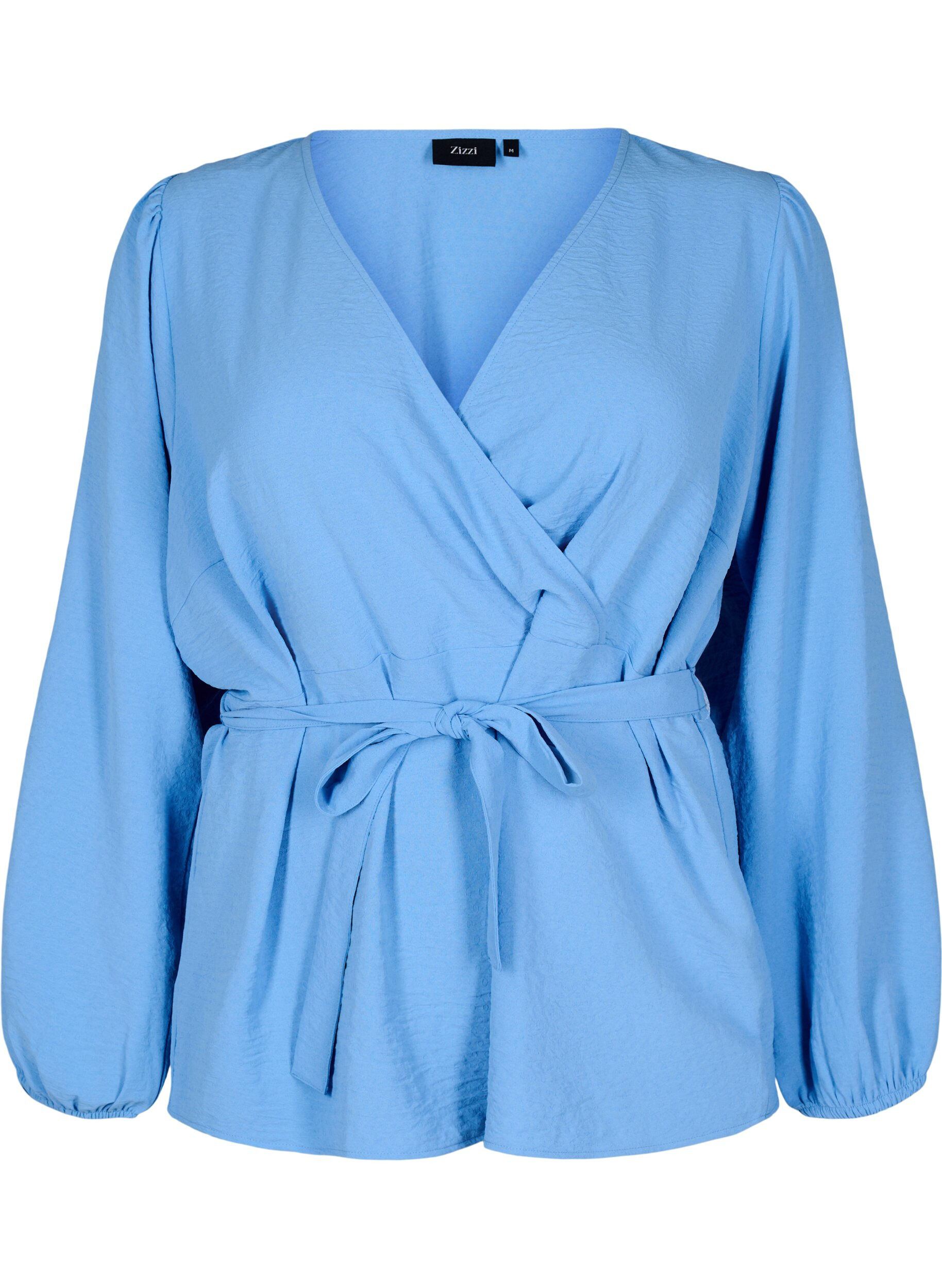 Zizzifashion Long-sleeved wrap blouse with tie fastening, Light Blue, Packshot image number 0