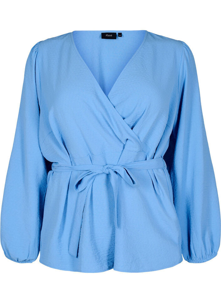 Long-sleeved wrap blouse with tie fastening, Light Blue, Packshot image number 0
