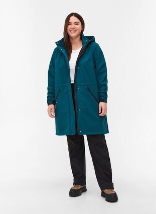 Long, hooded softshell jacket, Blue Coral solid, Model image number 2