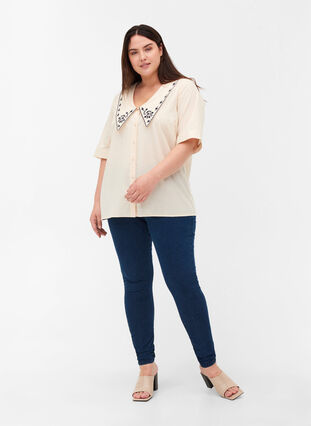 Short-sleeved shirt in cotton with a large collar, MotherOfPearl w.Blue, Model image number 3