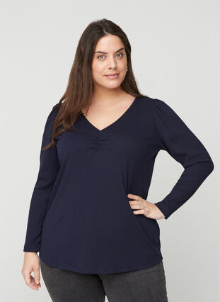 Long-sleeved ribbed blouse with a V-neck, Night Sky, Model image number 0