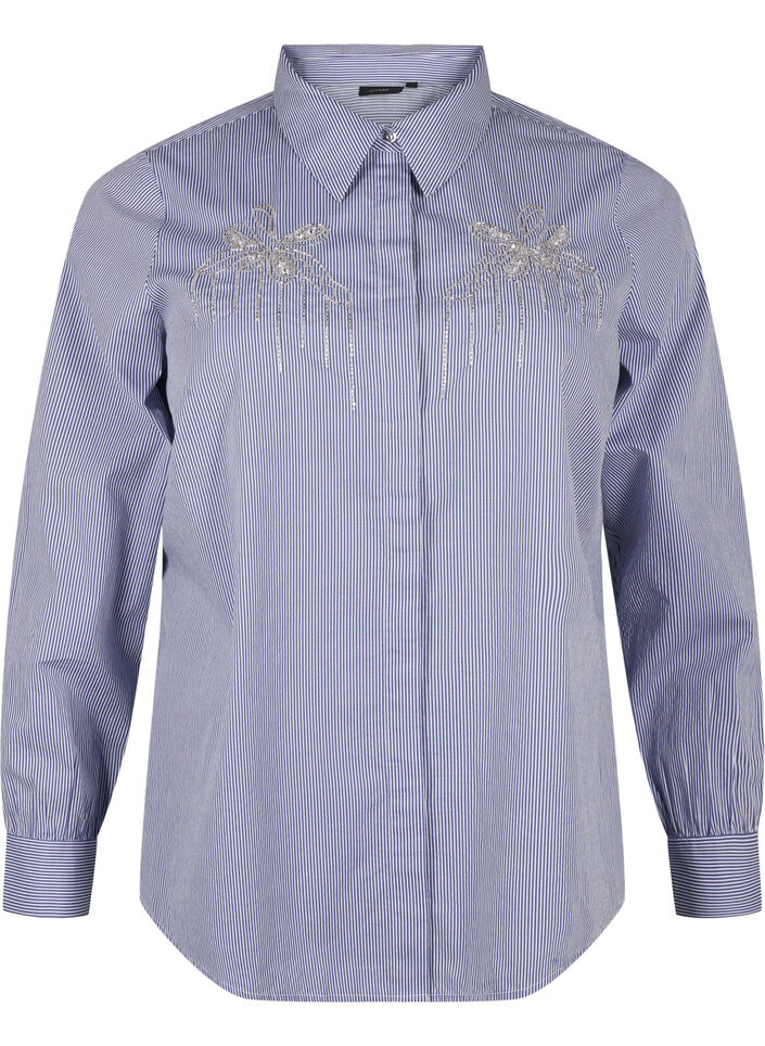 Organic cotton shirt with bead embroidery, Blue, Packshot image number 0
