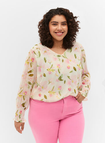 Floral blouse with long sleeves and v neck, White/Pink Flower, Model image number 0