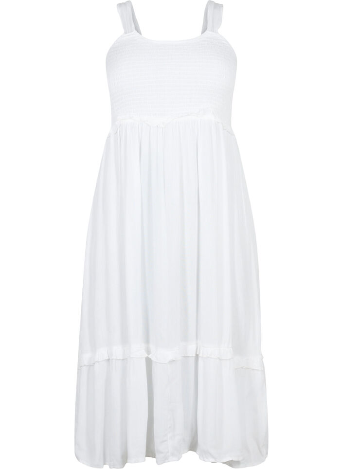 Viscose midi dress with smock, Bright White, Packshot image number 0