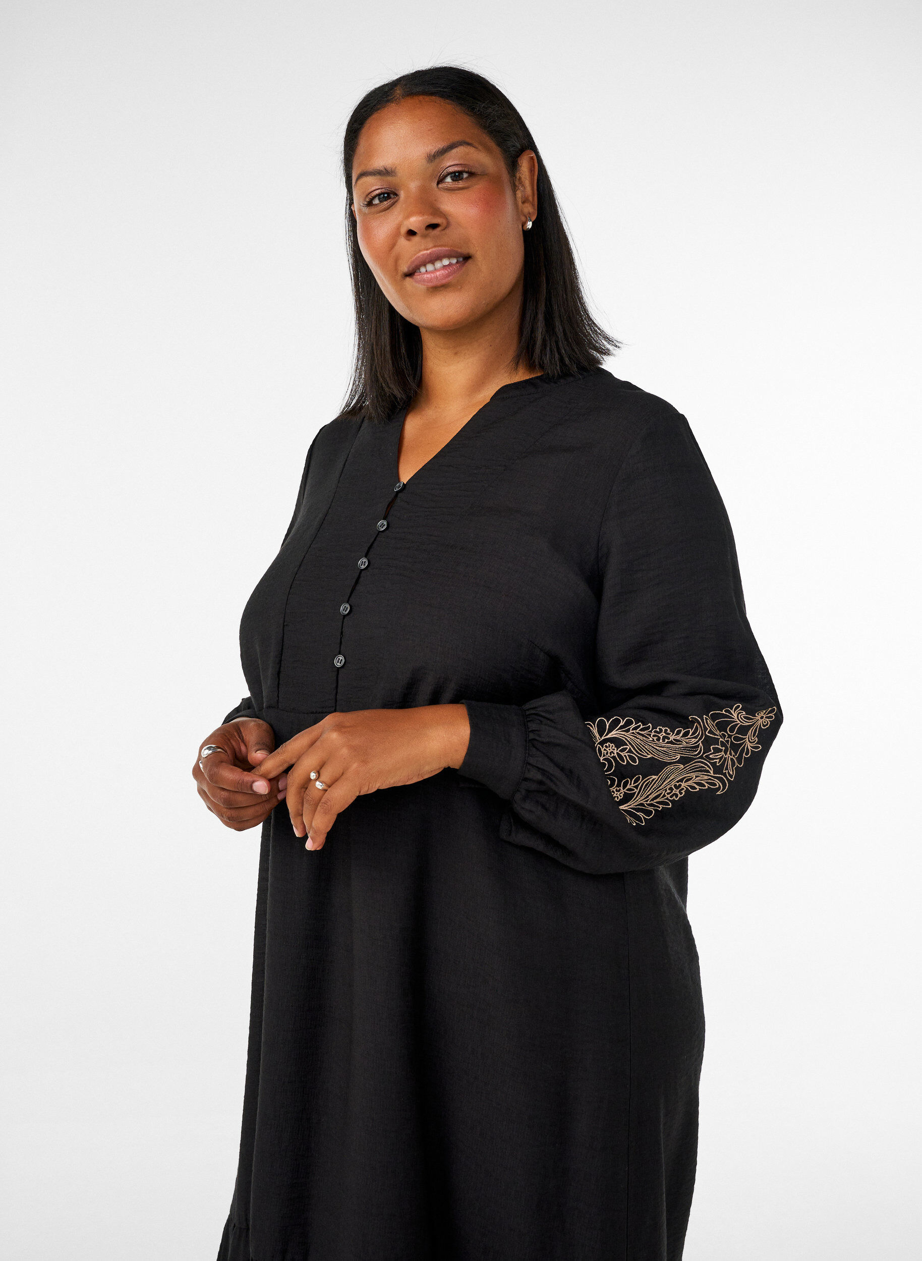 ZizzifashionViscose dress with embroidery and tiered ruffles, Black, Model image number 2