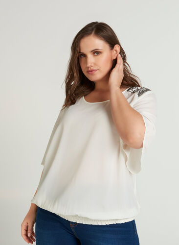 Short-sleeved blouse with decoration at the shoulders , Vanilla Ice, Model image number 0