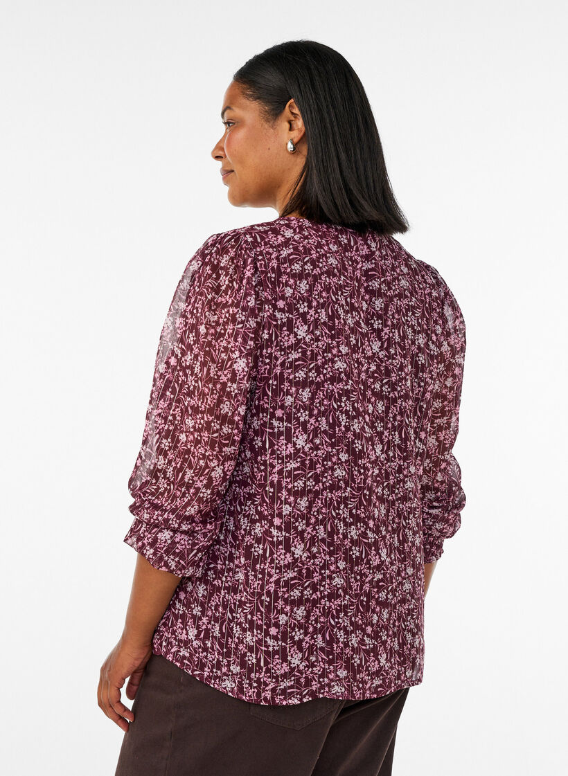 Blouse with floral print and glitter thread, Red, Model image number 2