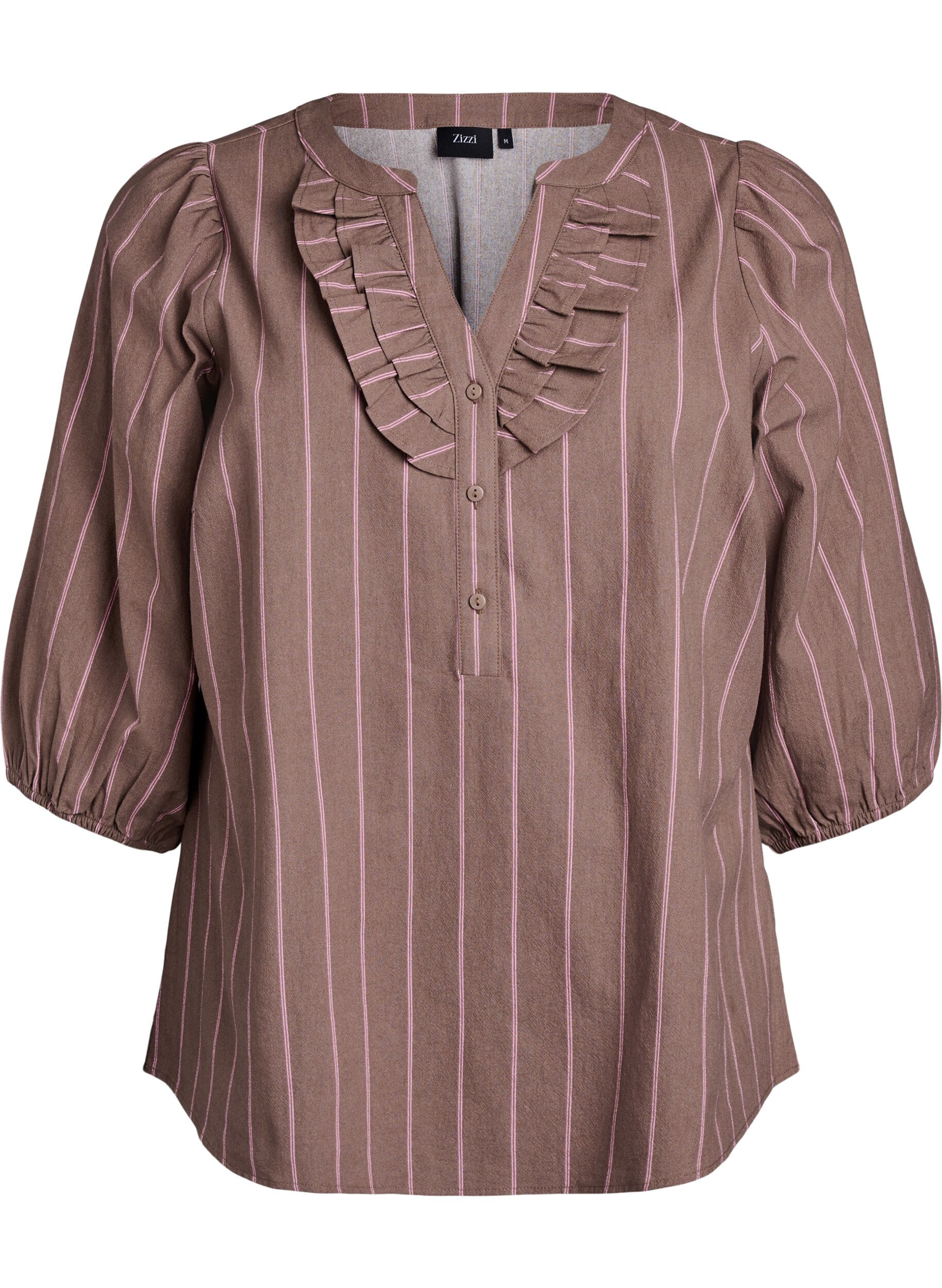 Zizzifashion 3/4 sleeve blouse in cotton with stripes, Brown, Packshot image number 0