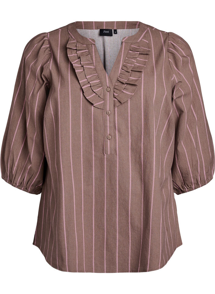 3/4 sleeve blouse in cotton with stripes, Brown, Packshot image number 0