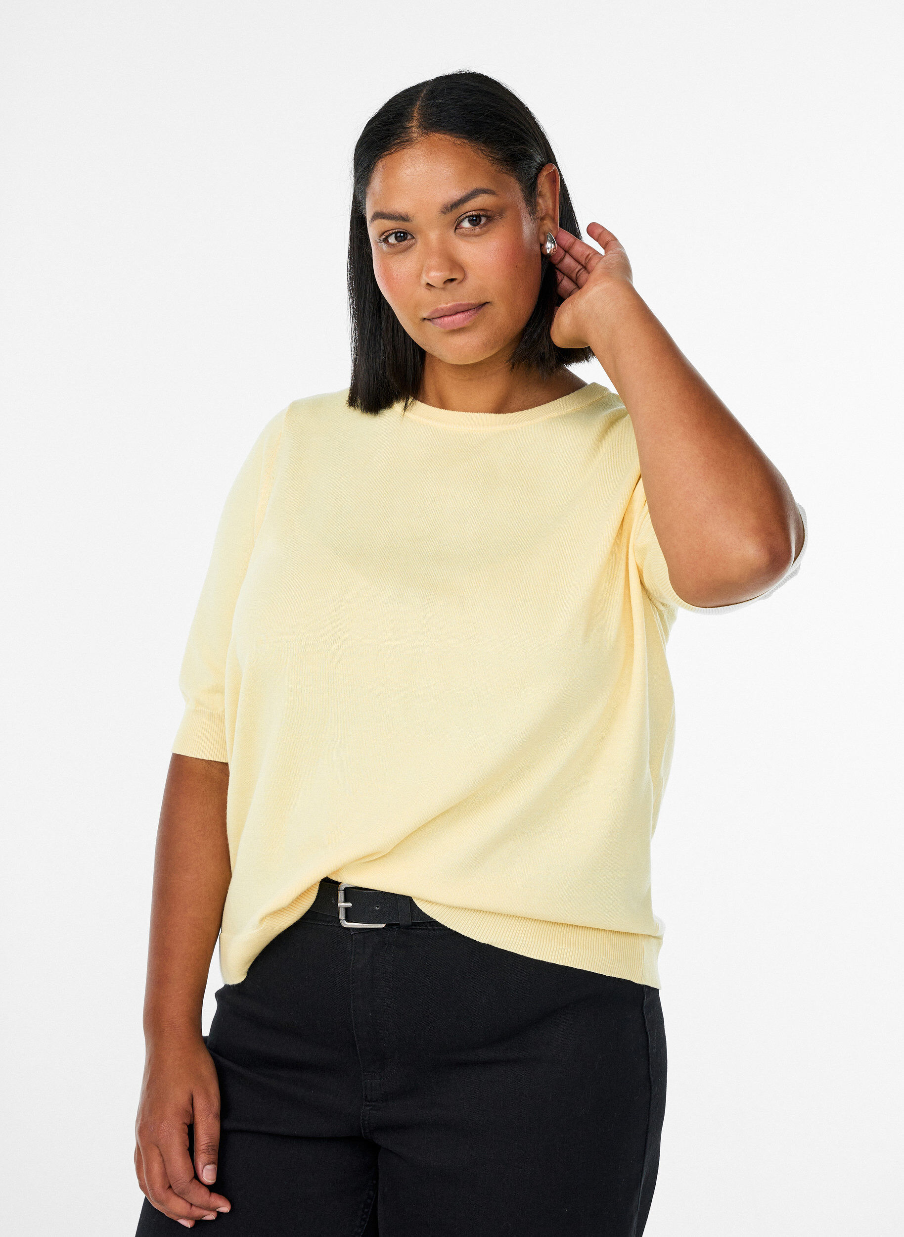 ZizzifashionFine-knit blouse with short sleeves, Yellow, Model image number 0
