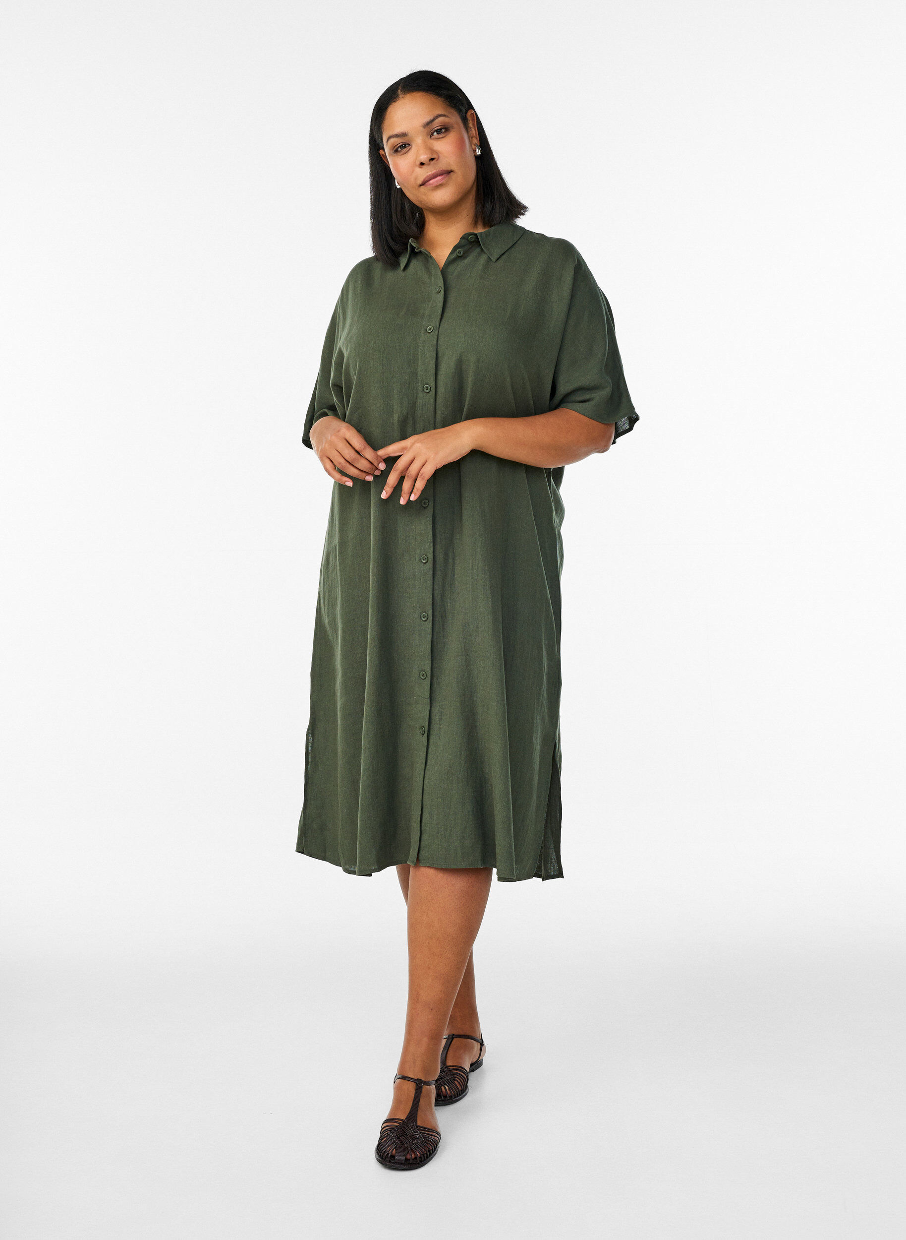 Zizzifashion Shirt dress in linen and viscose with short sleeves, Green, Model image number 1