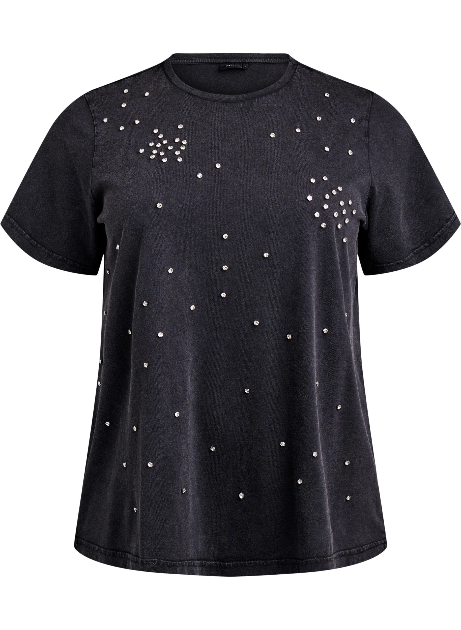 Zizzifashion T-shirt with rhinestones and a washed look, Grey, Packshot image number 0