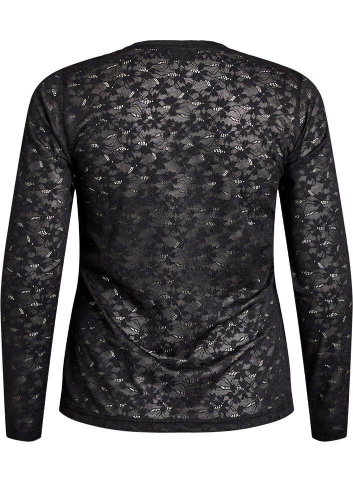 Lace blouse with round neck and slim fit, Black, Packshot image number 1
