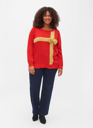 Christmas Jumper in lurex, Red W/gold lurex, Model image number 2