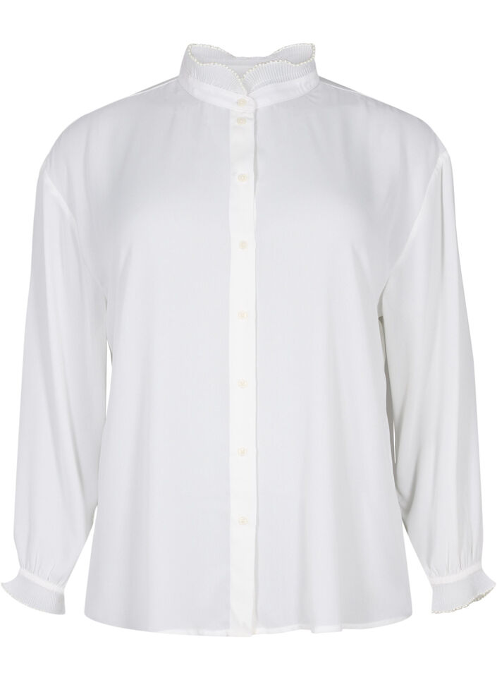 Shirt blouse with ruffle details, Bright White, Packshot image number 0