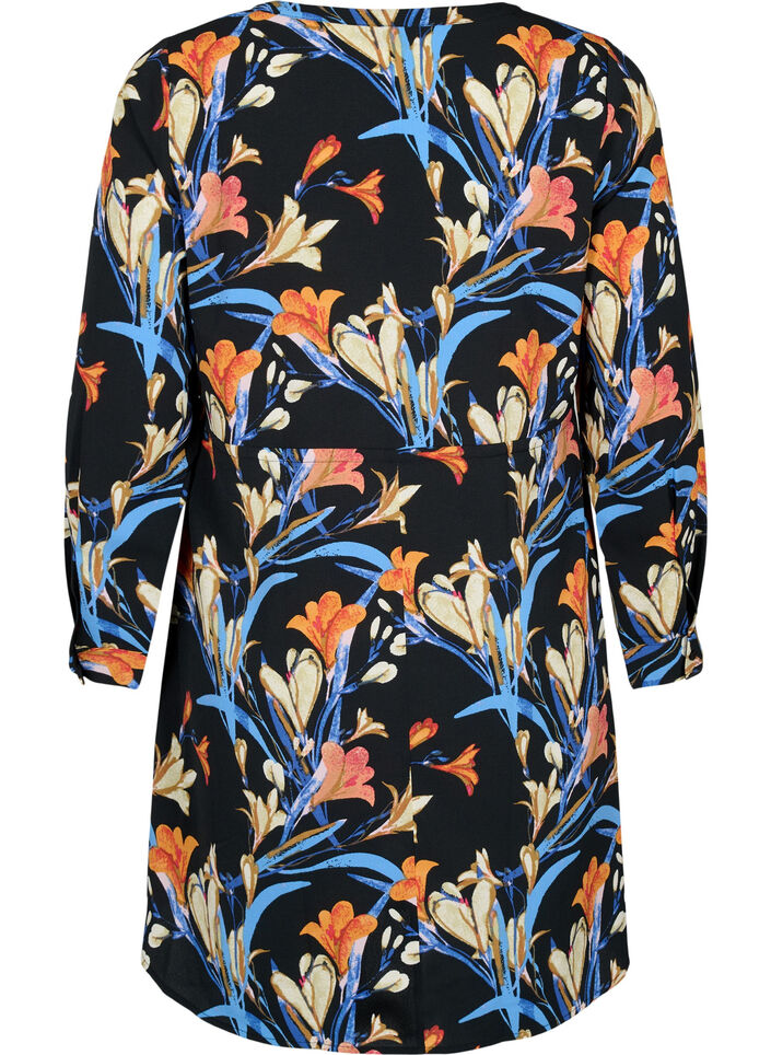 Printed dress with drawstring at the waist, Black Flower AOP, Packshot image number 1