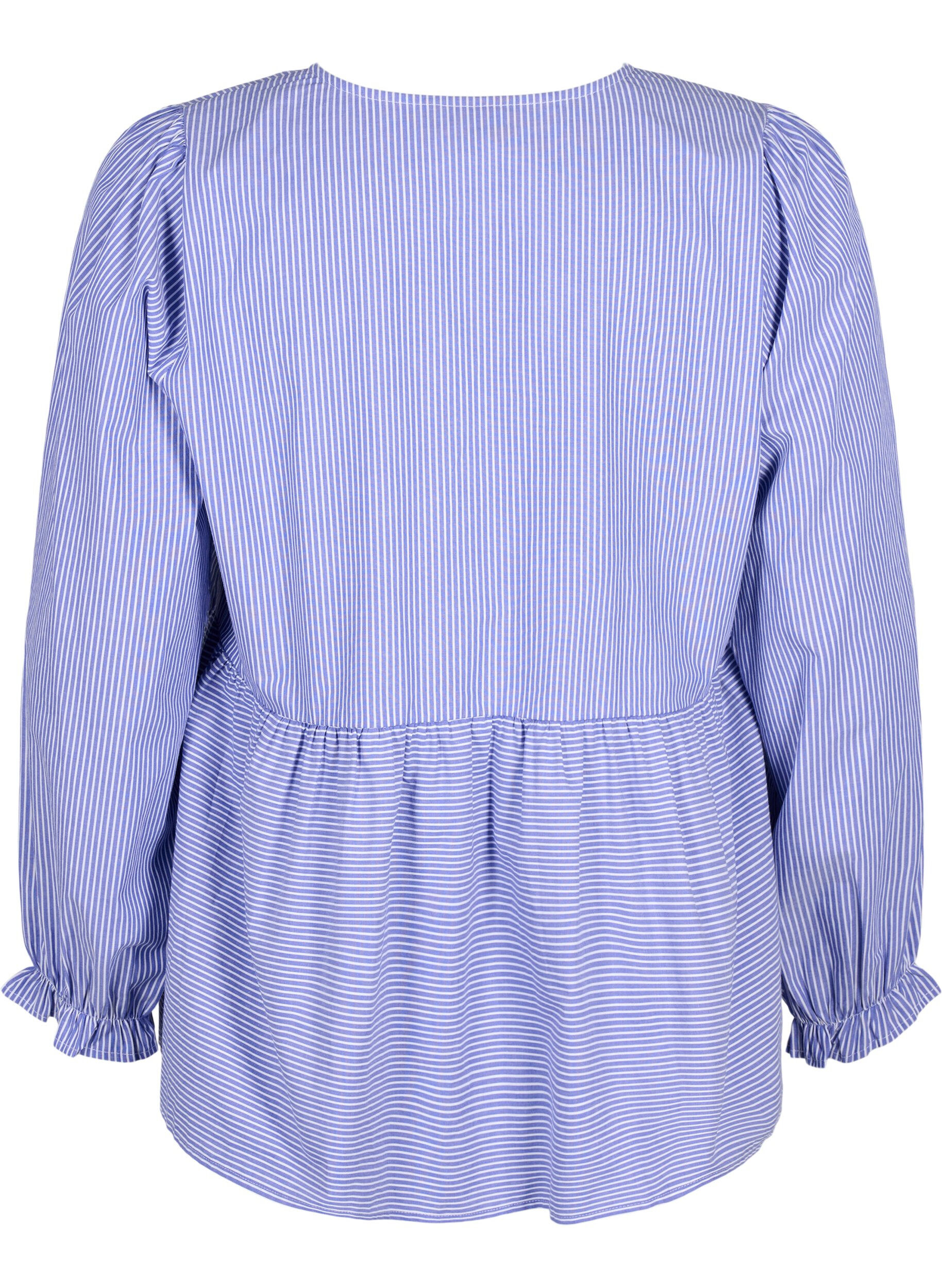 Zizzifashion Striped cotton blouse with tie detail, Baja Blue Stripe, Packshot image number 1