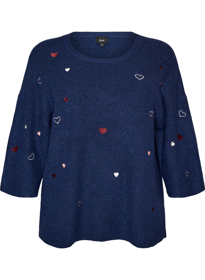 Jumper with hearts and 3/4 sleeves, Blue, Packshot image number 0
