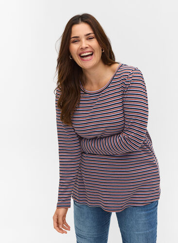Striped long-sleeved blouse, Mahogany/Navy Stripe, Model image number 0