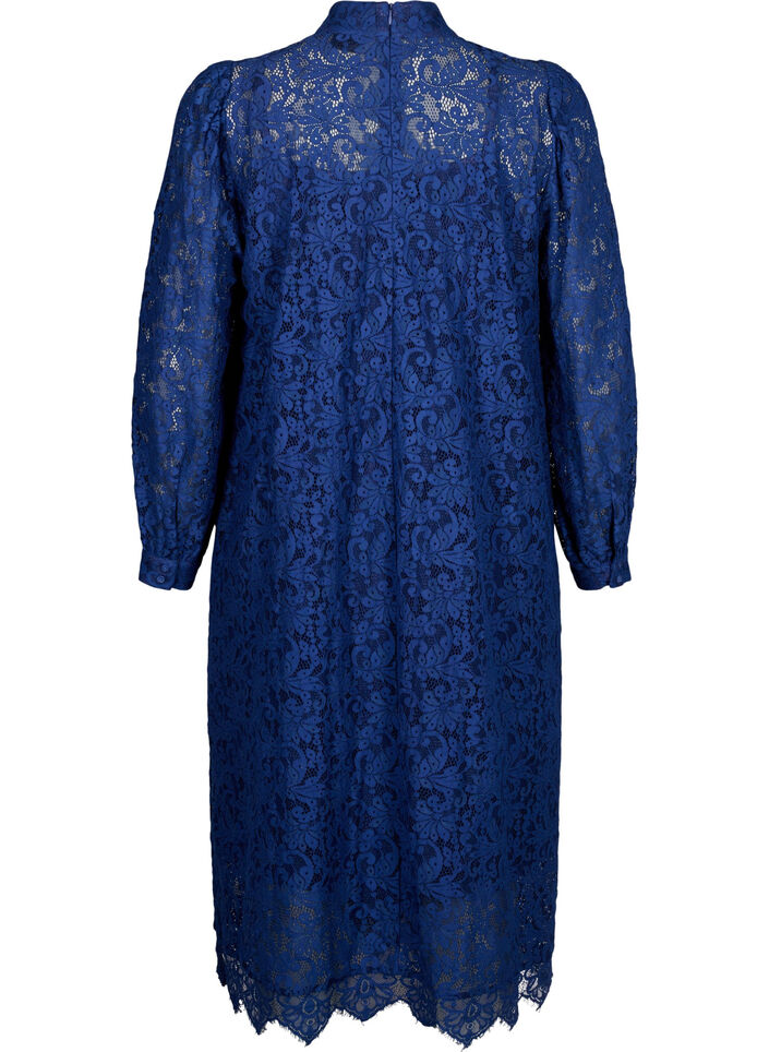Long-sleeved lace dress with high neck, Estate Blue, Packshot image number 1