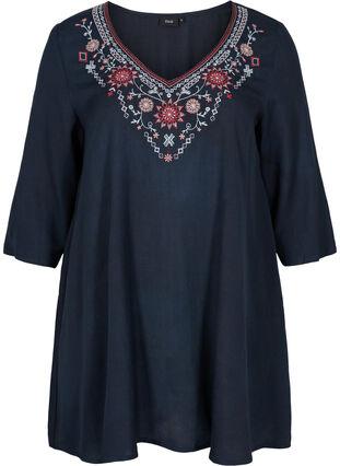 Viscose tunic with 3/4 length sleeves and embroidery, Navy Blazer, Packshot image number 0