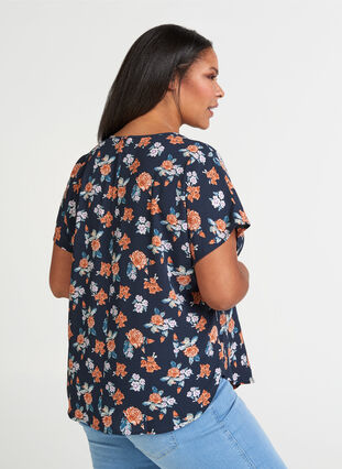 Blouse with short sleeves, Blue w. flowers , Model image number 1