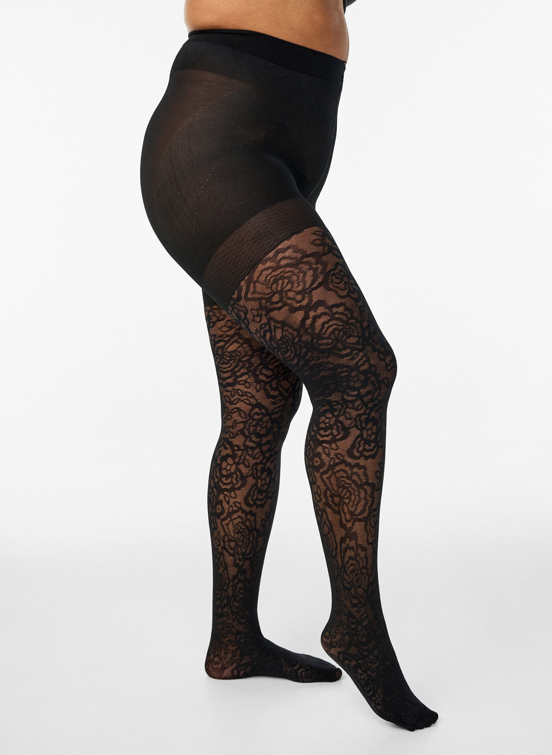 Zizzifashion 70 denier push-up tights with rose pattern, Black, Packshot image number 0