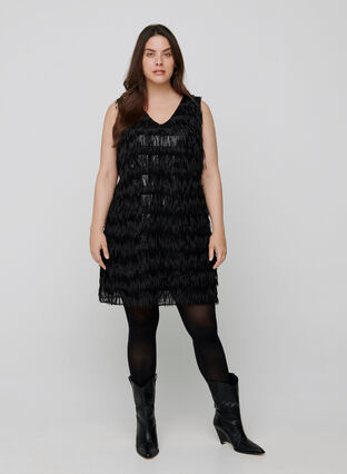 Fringed dress with sequins, Black, Model image number 3
