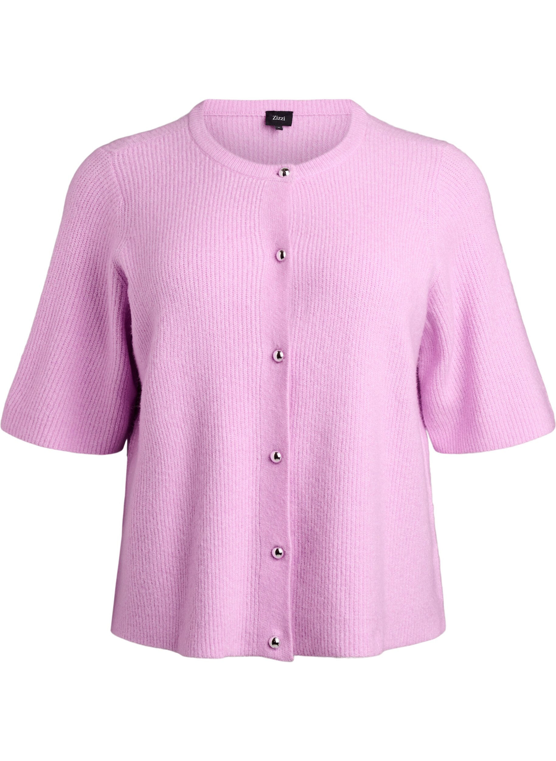 Zizzifashion Short-sleeved knit cardigan with shiny ball buttons, Purple, Packshot image number 0
