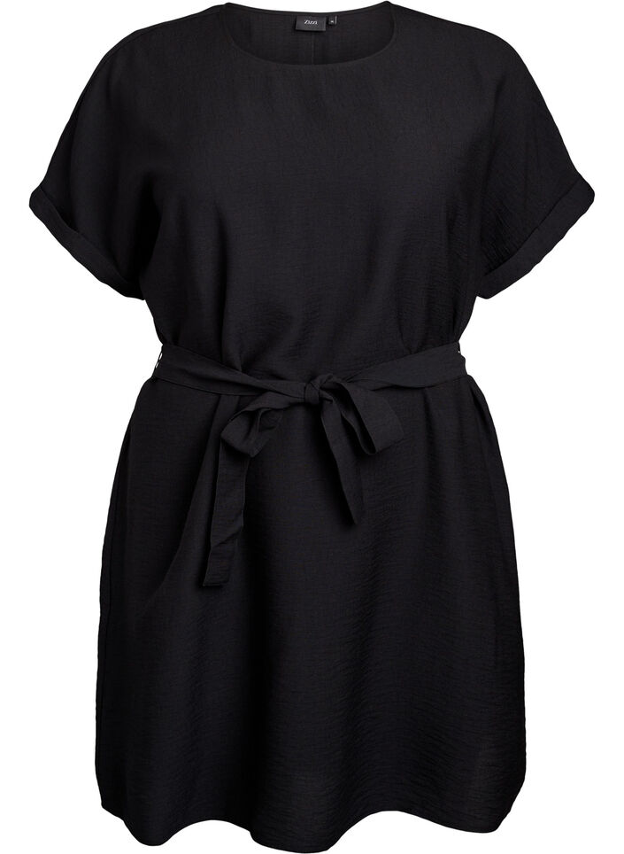 Short dress with loose fit and tie belt, Black, Packshot image number 0