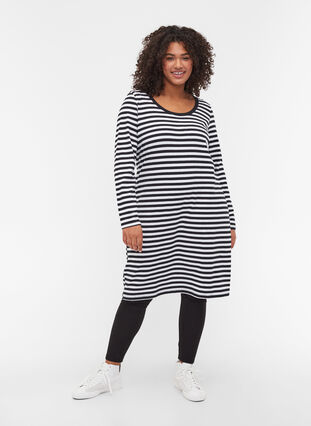 Striped cotton dress with long sleeves , Black w. White Thin, Model image number 2