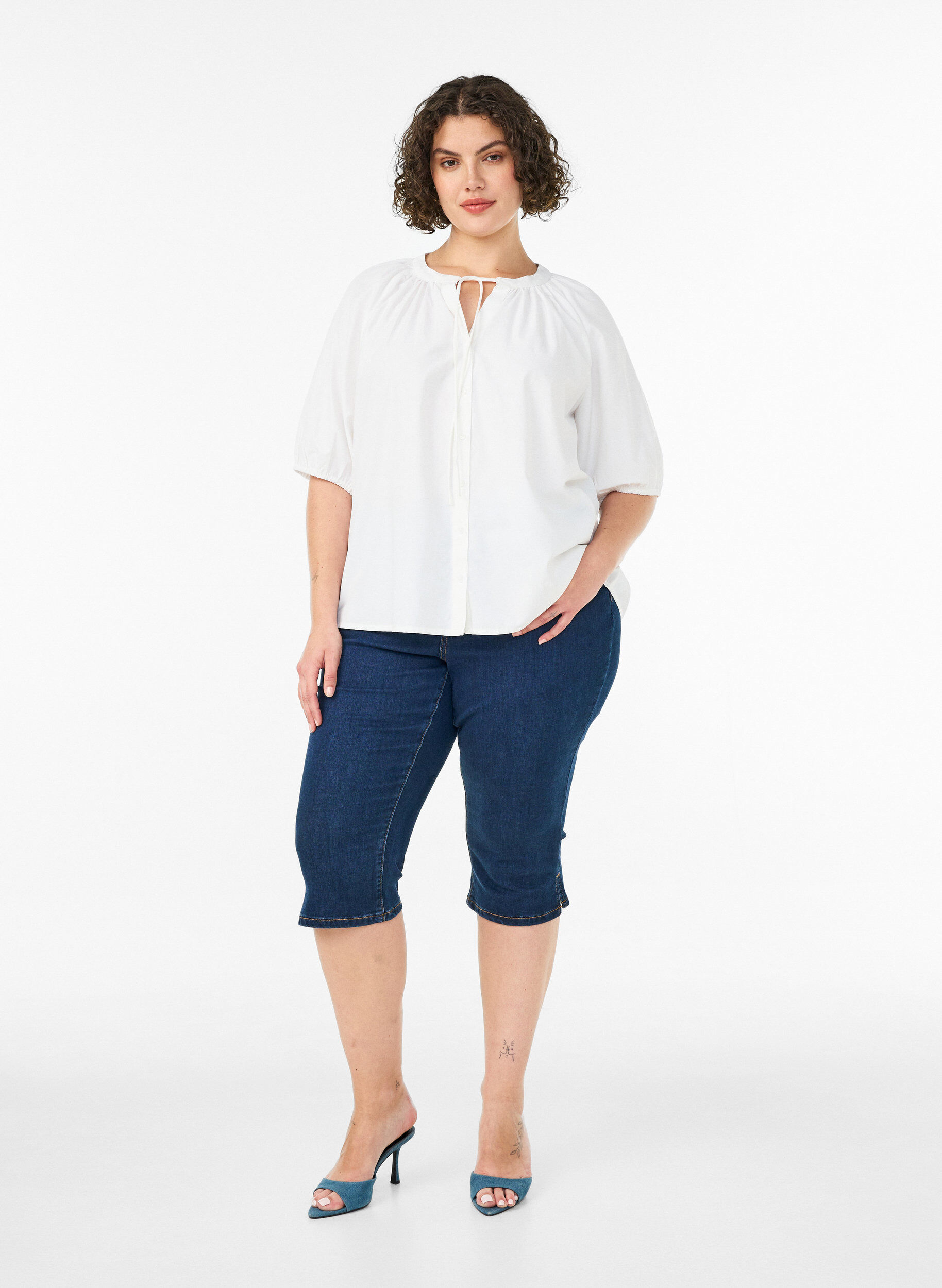 Zizzifashion Shirt blouse with button fastening and tie-belt, White, Model image number 1