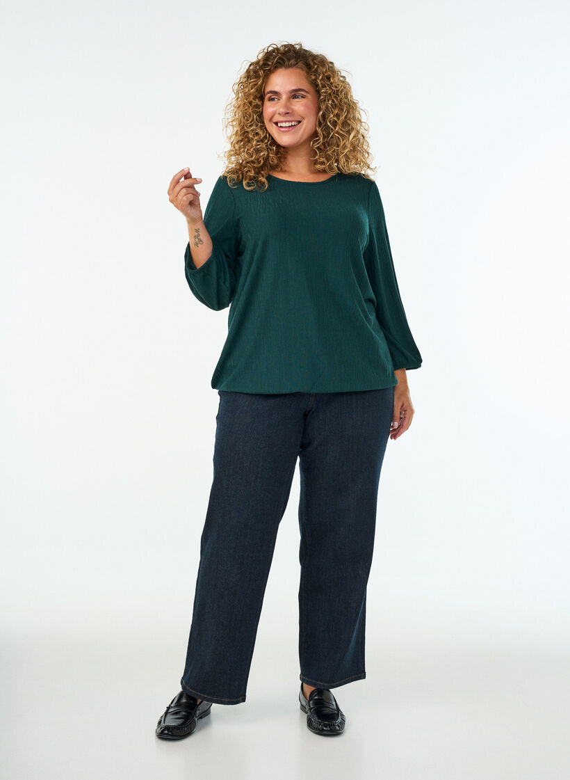 Blouse with texture and 3/4 sleeves, Green, Model image number 1