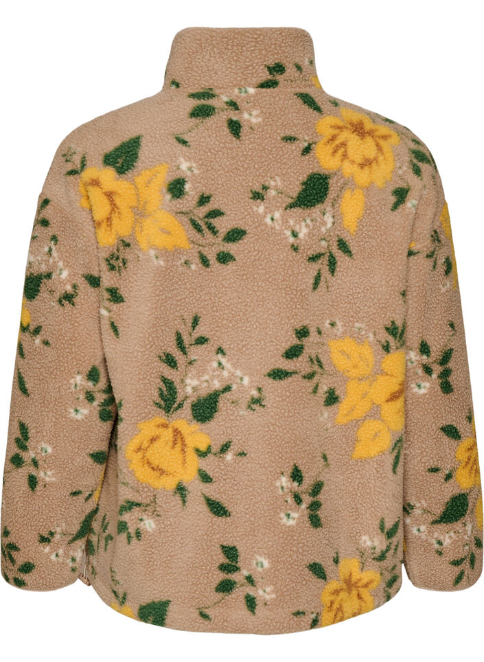 Floral fleece jacket with a high neck and zip, Beige, Packshot image number 1