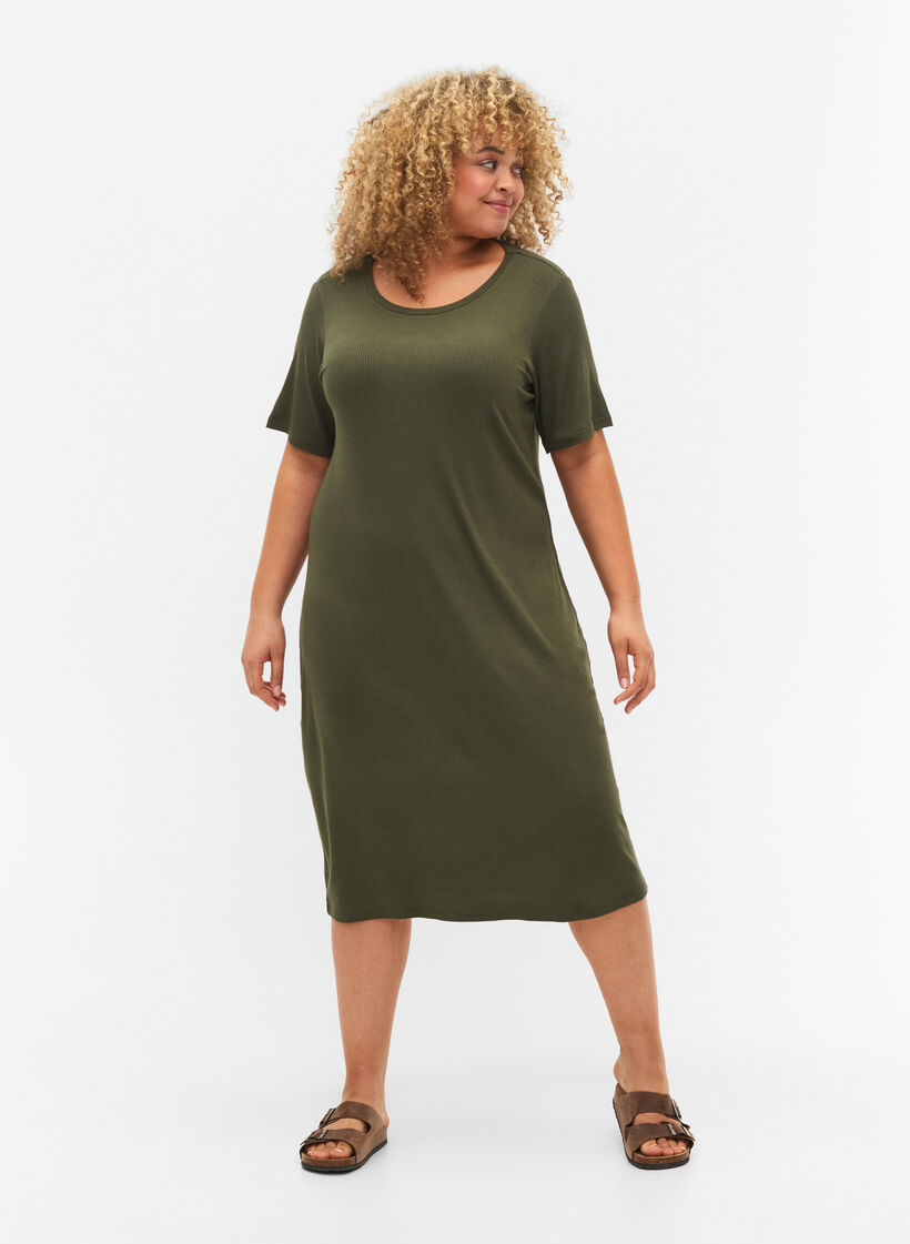 Viscose rib midi dress with short sleeves, Thyme, Model image number 2