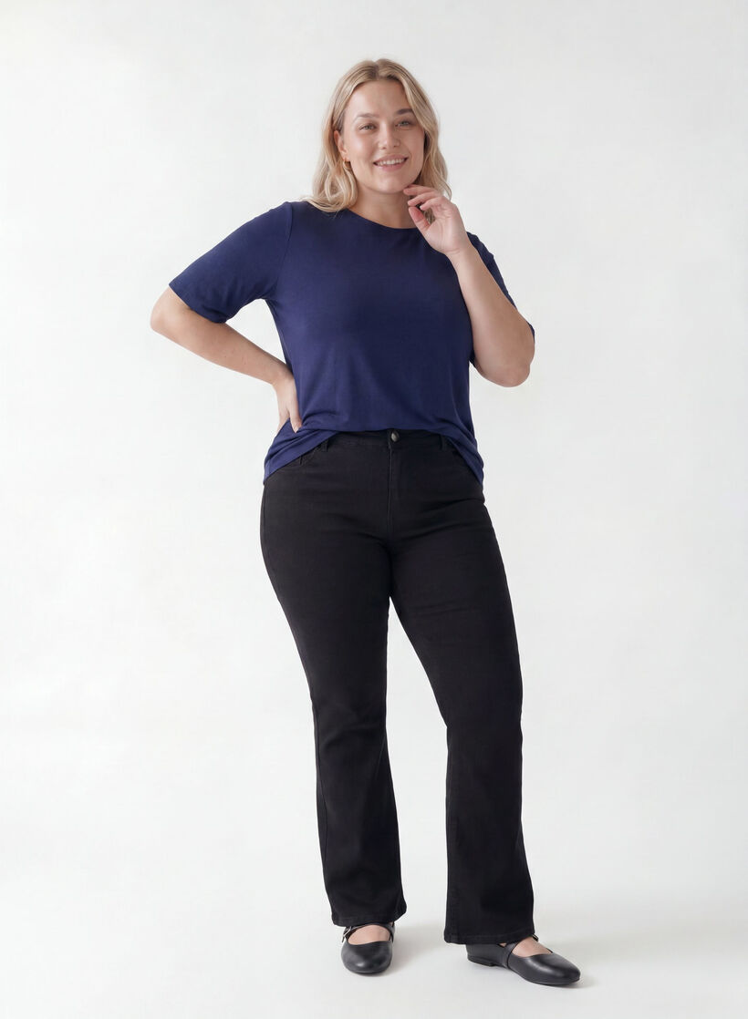 Short-sleeved woven blouse with round neck, Blue, Model image number 1