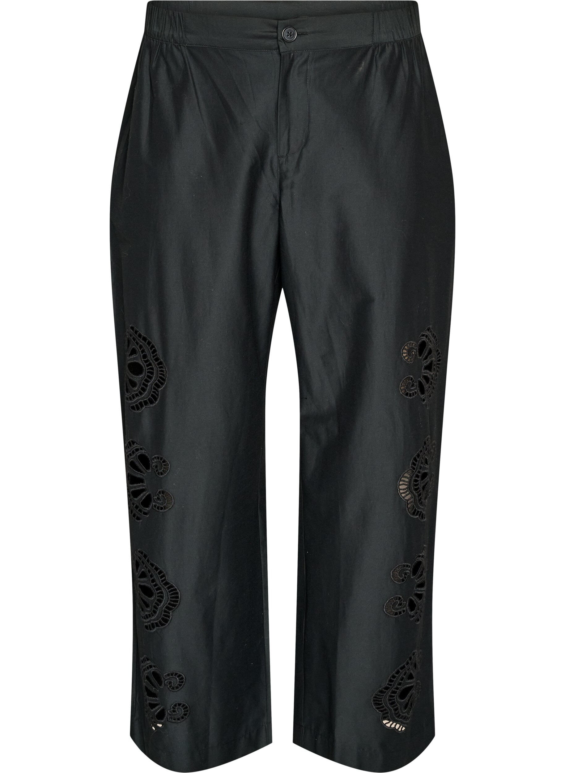 Zizzifashion Cotton trousers with embroidered cut-outs, Black, Packshot image number 0